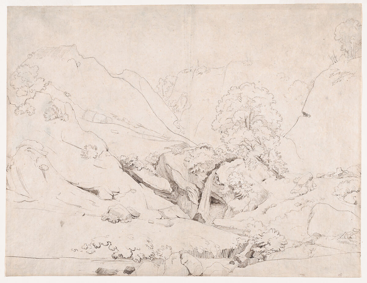 Italian Landscape (recto); Rocks and foliage (verso), Camille Corot (French, Paris 1796–1875 Paris), Pen and brown ink over graphite 
