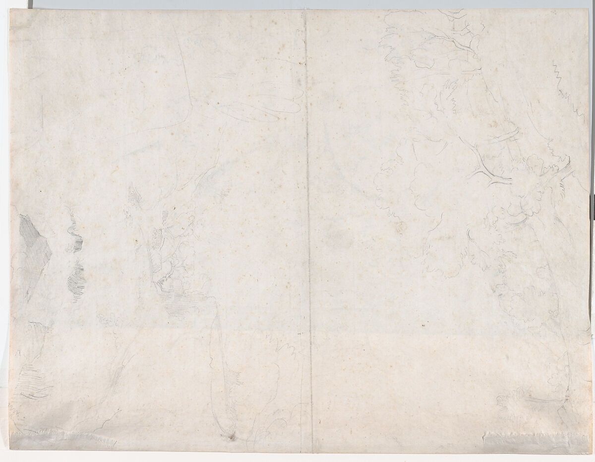 Italian Landscape (recto); Rocks and foliage (verso), Camille Corot (French, Paris 1796–1875 Paris), Pen and brown ink over graphite