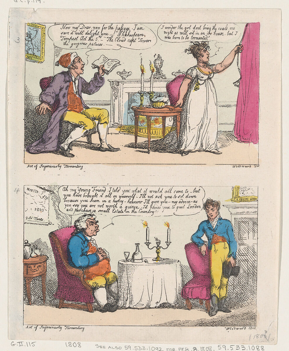 The Art of Ingeniously Tormenting, Thomas Rowlandson (British, London 1757–1827 London), Hand-colored etching 