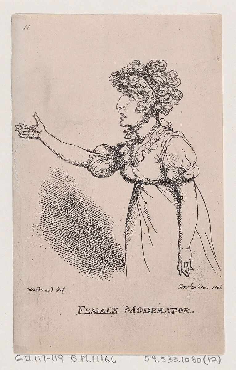 Female Moderator, Thomas Rowlandson (British, London 1757–1827 London), Etching 