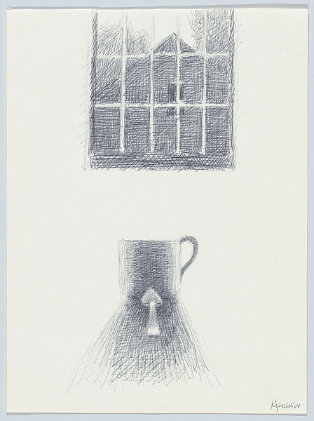 Study for Interior w/cup, spoon, & window, Robert Kipniss (American, born New York, 1931), Ballpoint pen 
