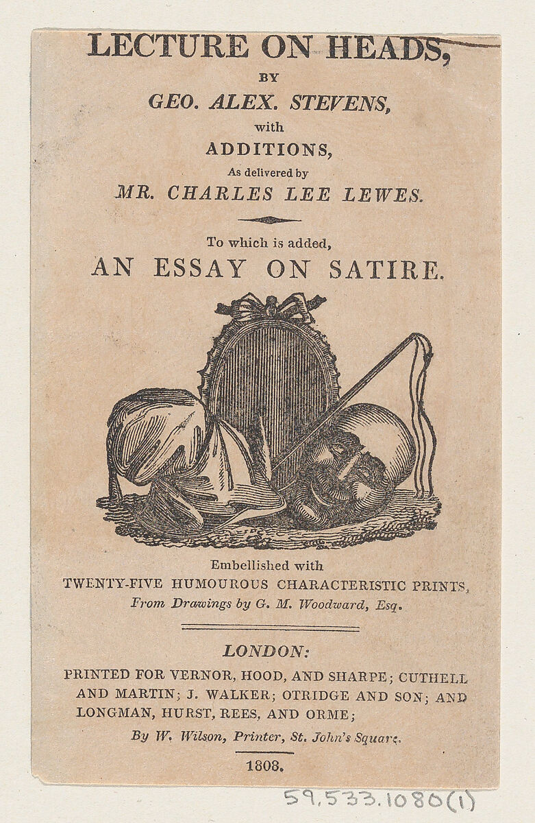 Title page, from "A Lecture on Heads" by George Alexander Stevens, Thomas Rowlandson (British, London 1757–1827 London), Wood engraving and letterpress 