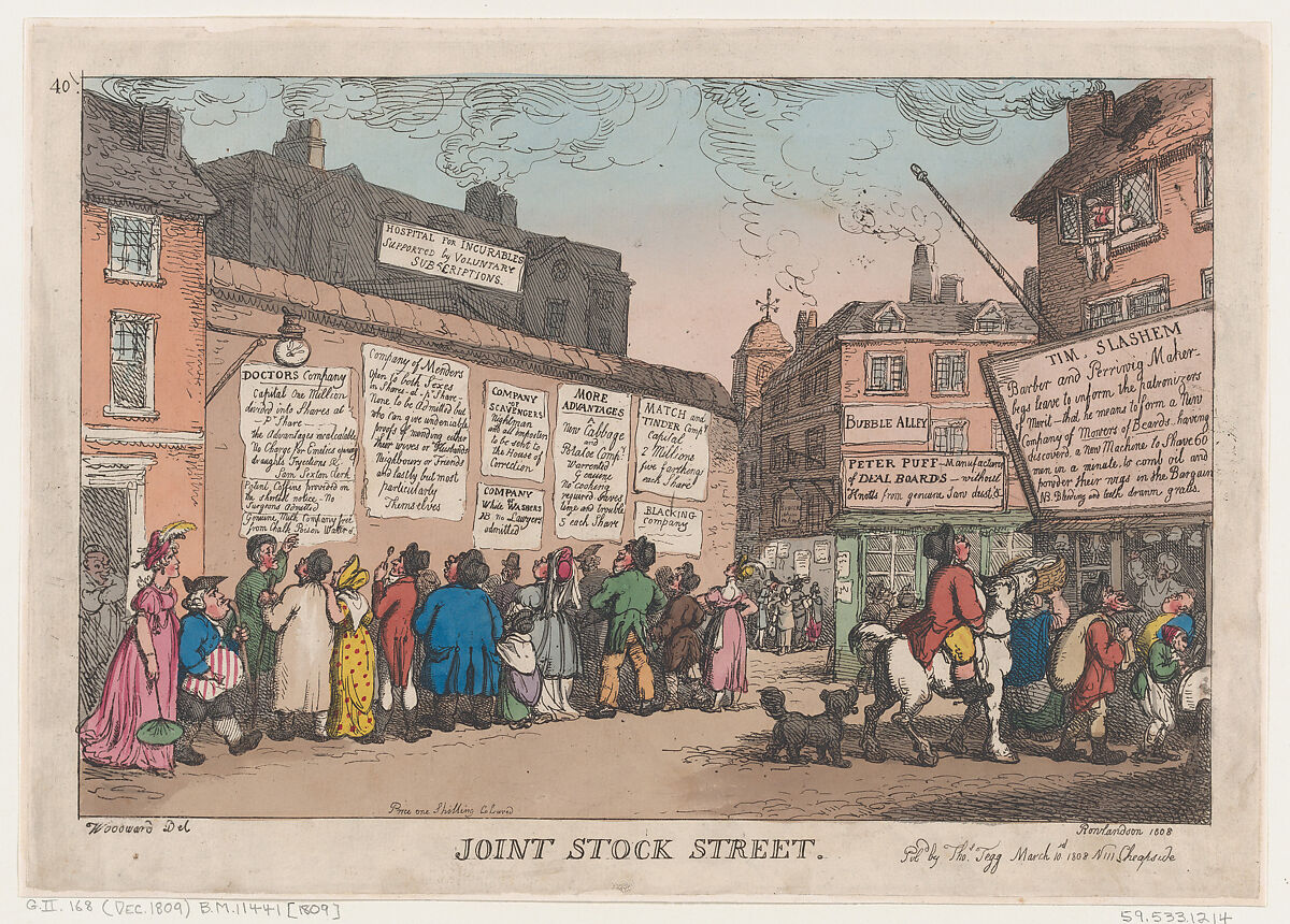 Joint Stock Street, Thomas Rowlandson (British, London 1757–1827 London), Hand-colored etching 