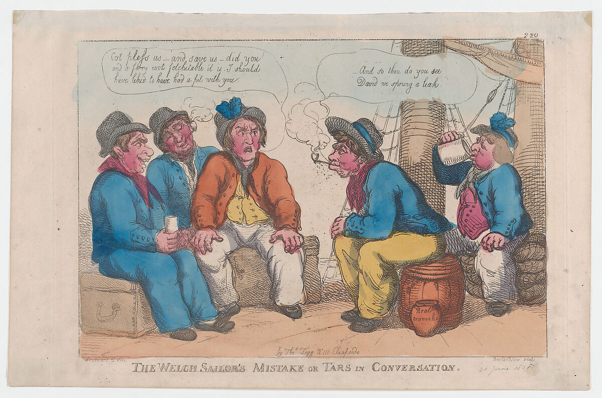 The Welsh Sailor's Mistake, or Tars in Conversation, Thomas Rowlandson (British, London 1757–1827 London), Hand-colored etching 