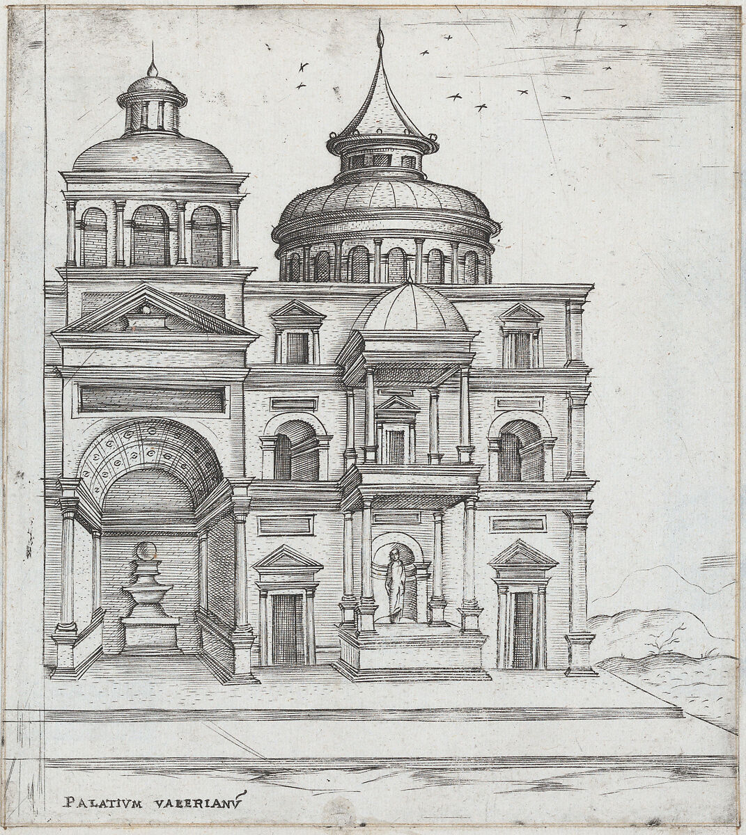 Palatium Valerianu[m], from a series of prints depicting (reconstructed) Buildings from Roman Antiquity, Formerly attributed to Monogrammist G.A. &amp; the Caltrop (Italian, 1530–1540), Engraving 