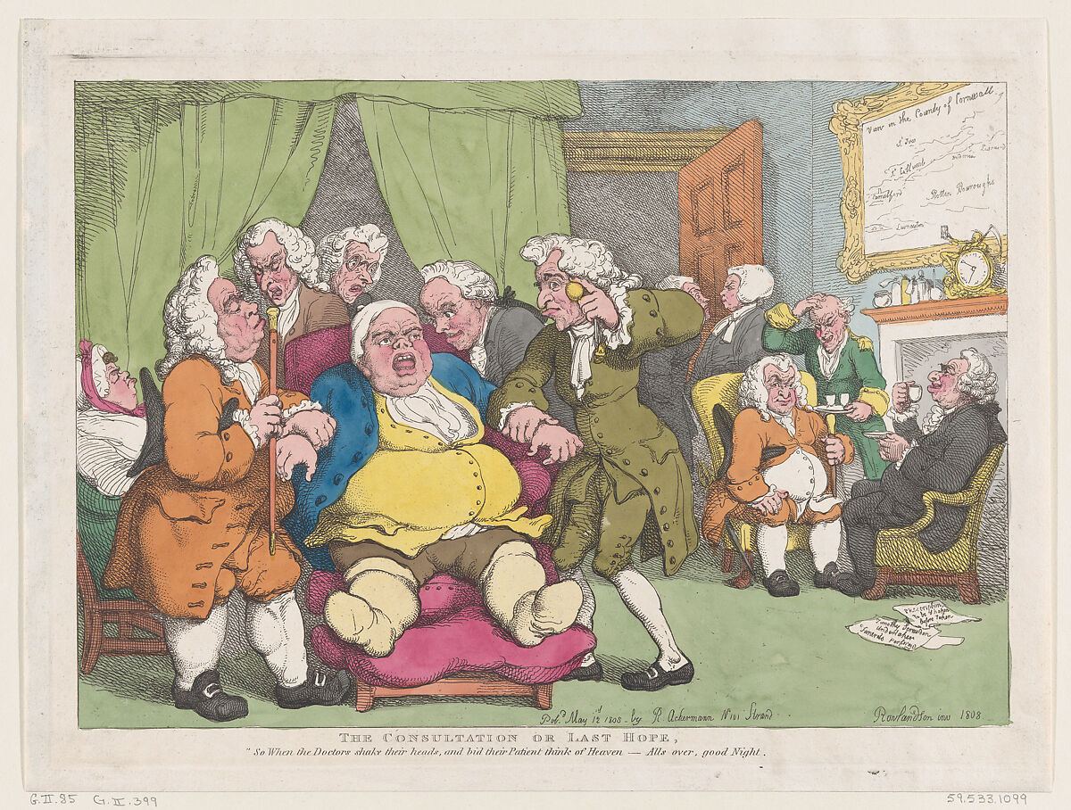 The Consultation, or Last Hope, Thomas Rowlandson (British, London 1757–1827 London), Hand-colored etching 