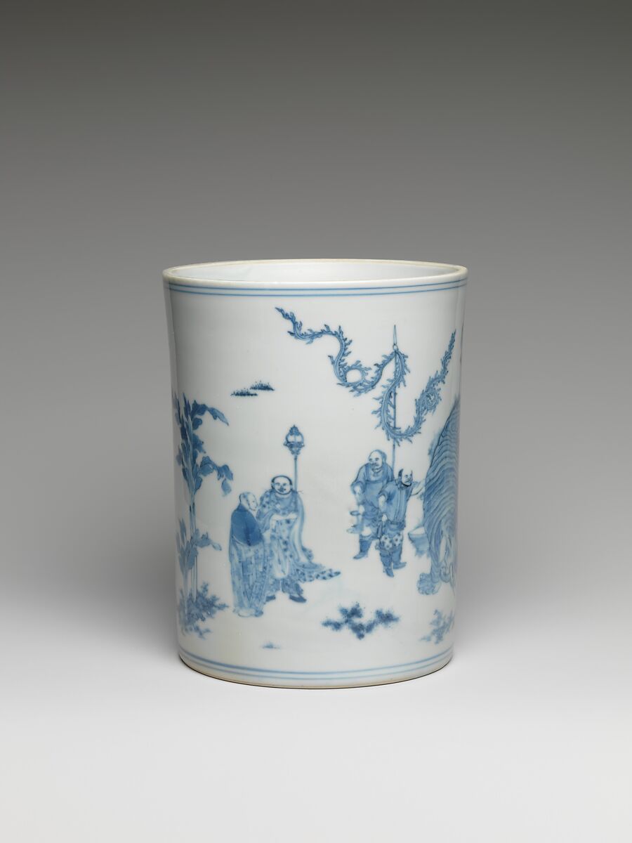 Brush Pot with Scene of  Washing an Elephant, Porcelain painted with cobalt blue under transparent glaze (Jingdezhen ware), China