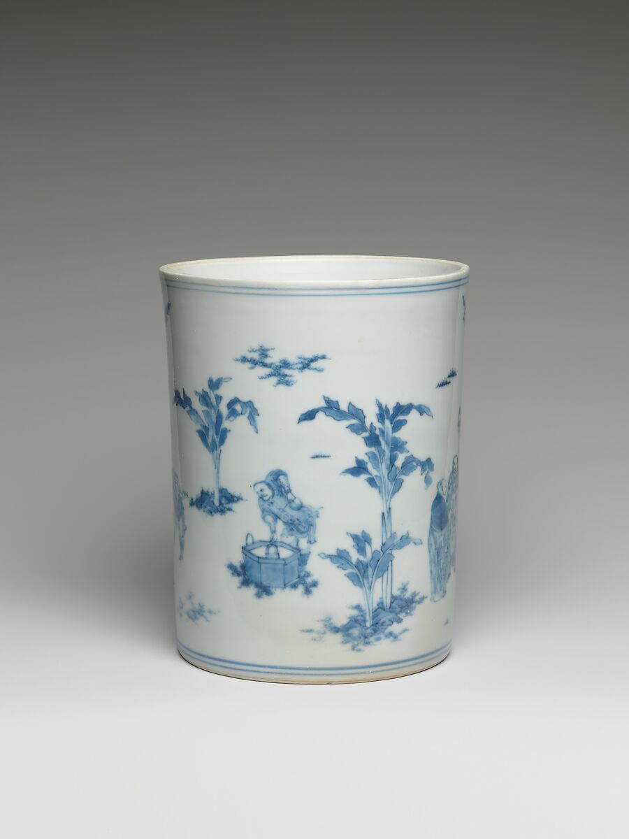 Brush Pot with Scene of  Washing an Elephant, Porcelain painted with cobalt blue under transparent glaze (Jingdezhen ware), China
