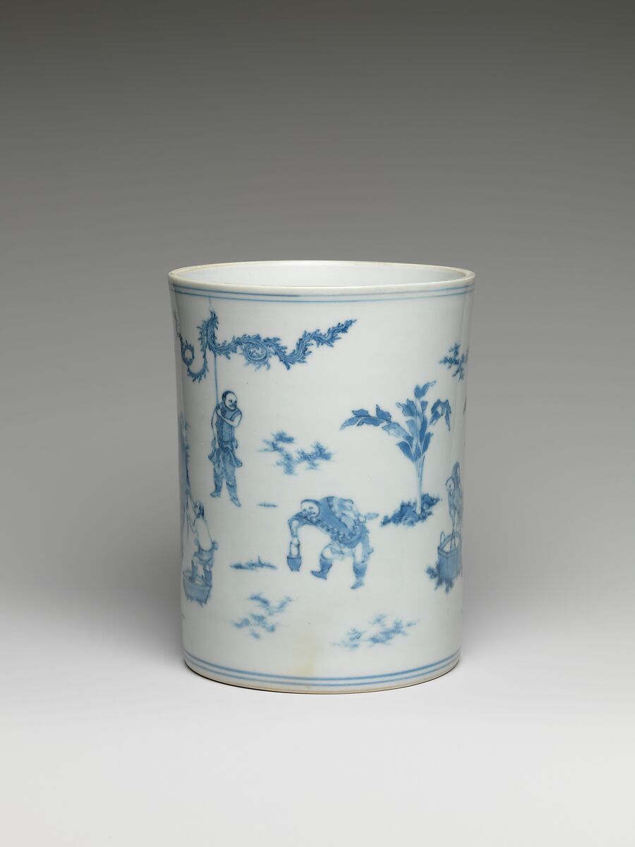 Brush Pot with Scene of  Washing an Elephant, Porcelain painted with cobalt blue under transparent glaze (Jingdezhen ware), China