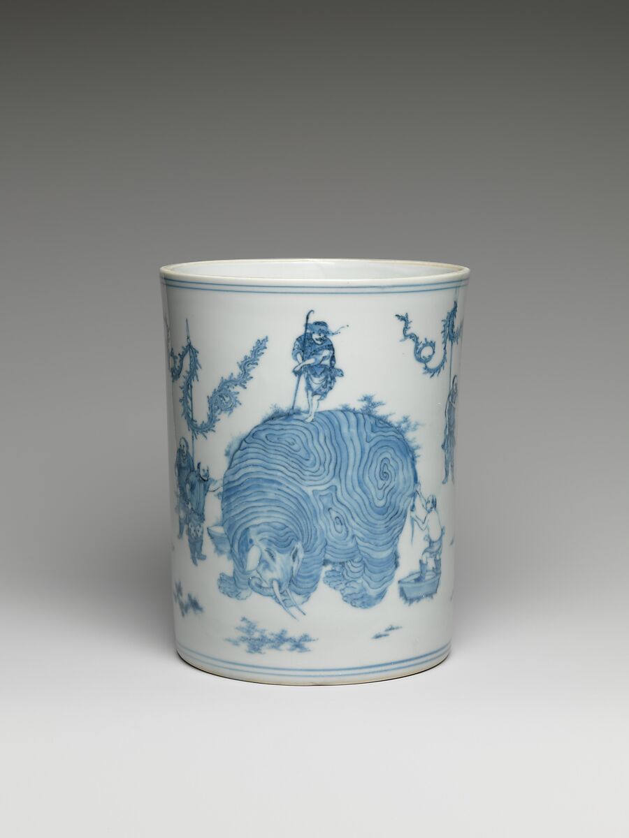 Brush Pot with Scene of  Washing an Elephant, Porcelain painted with cobalt blue under transparent glaze (Jingdezhen ware), China 