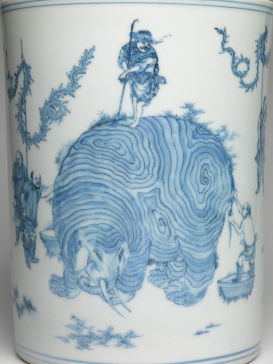 Brush Pot with Scene of  Washing an Elephant, Porcelain painted with cobalt blue under transparent glaze (Jingdezhen ware), China