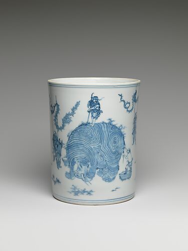 Brush Pot with Scene of  Washing an Elephant