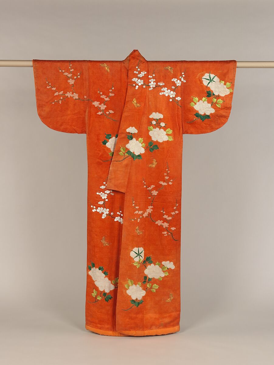 Outer Robe (Uchikake) with Peonies, Plum Blossoms, and Butterflies, Silk damask embroidered with silk and metallic thread, Japan
