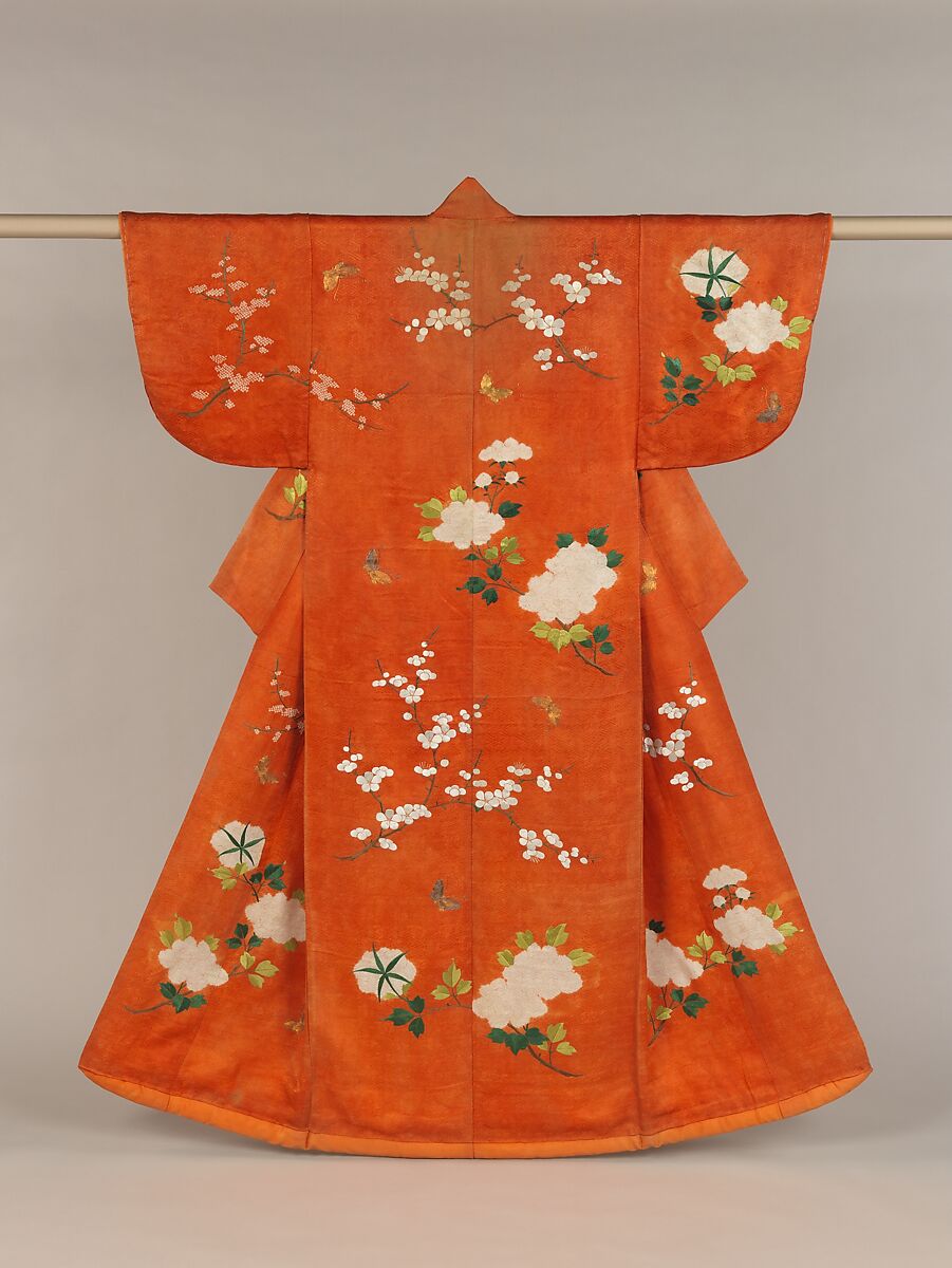 Outer Robe (Uchikake) with Peonies, Plum Blossoms, and Butterflies, Silk damask embroidered with silk and metallic thread, Japan 