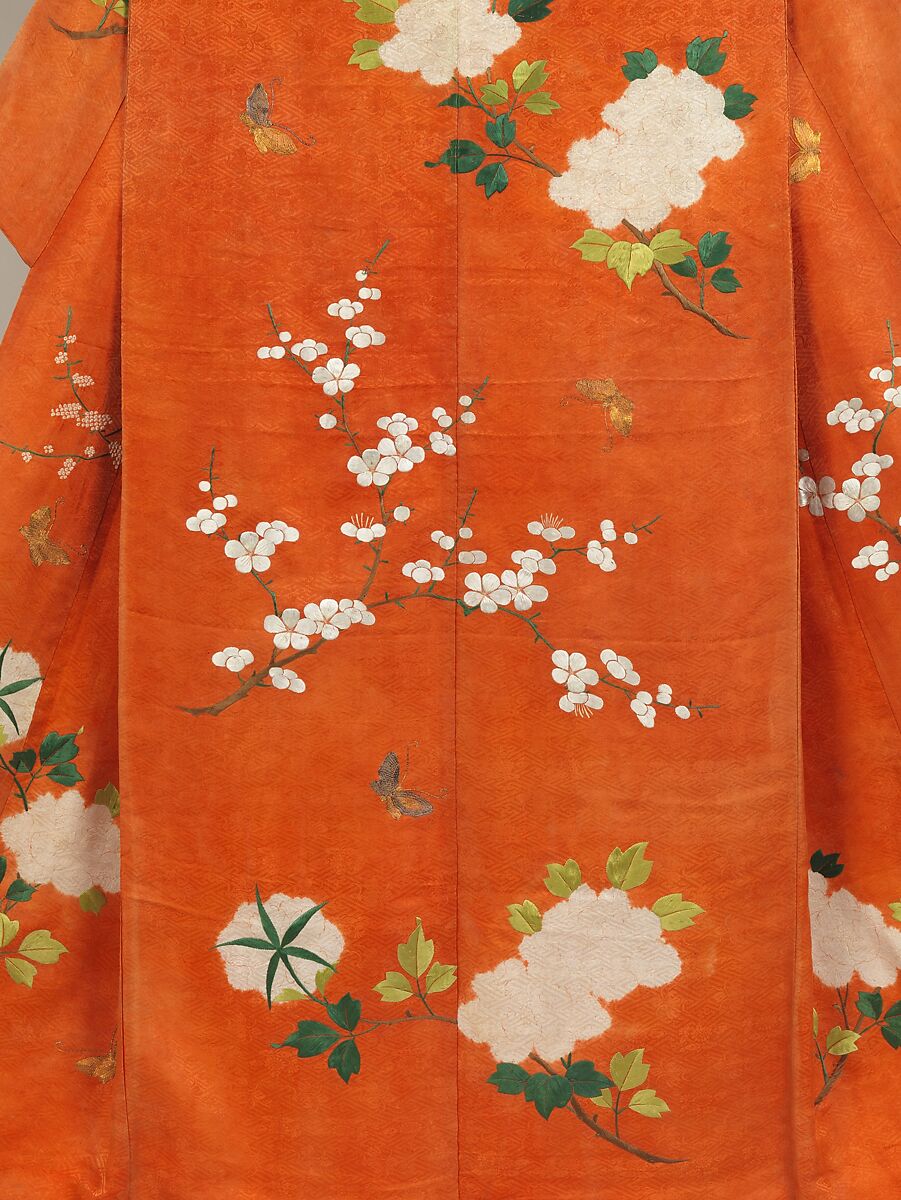 Outer Robe (Uchikake) with Peonies, Plum Blossoms, and Butterflies, Silk damask embroidered with silk and metallic thread, Japan