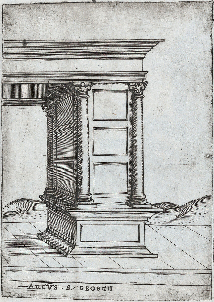 Arcus in Provincia, from a Series of Prints depicting (reconstructed) Buildings from Roman Antiquity, Formerly attributed to Monogrammist G.A. &amp; the Caltrop (Italian, 1530–1540), Engravings 