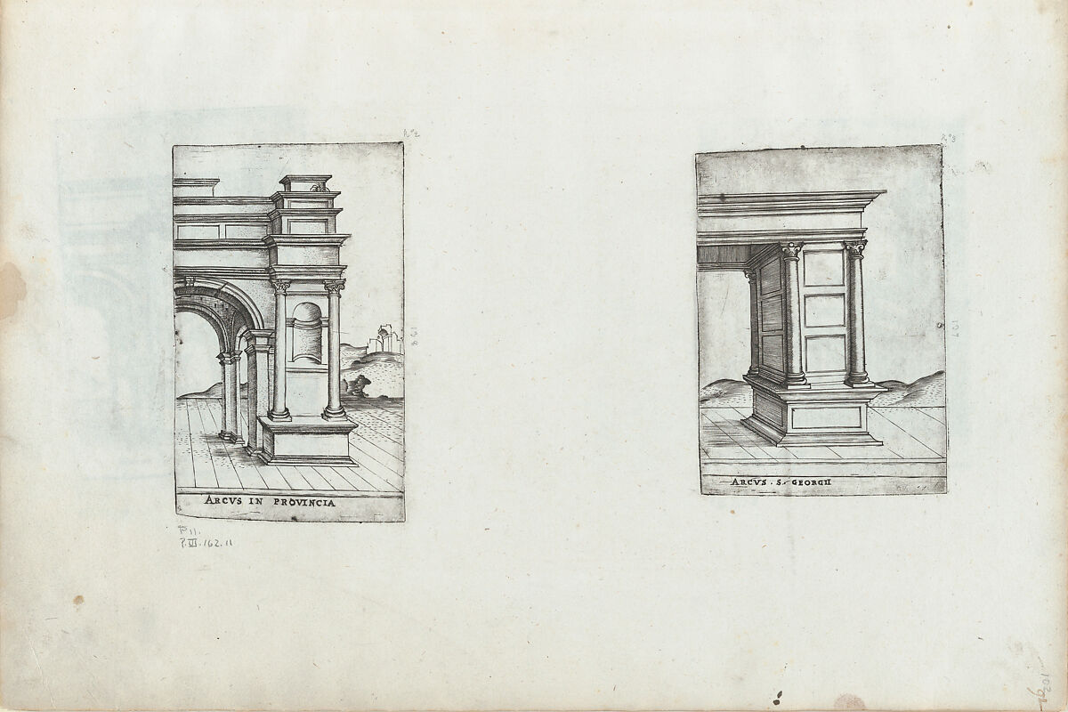 Arcus in Provincia, from a Series of Prints depicting (reconstructed) Buildings from Roman Antiquity, Formerly attributed to Monogrammist G.A. with the Caltrop (Italian, 1530–1540), Engravings