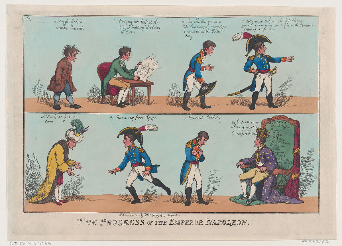 The Progress of the Emperor Napoleon, Thomas Rowlandson (British, London 1757–1827 London), Hand-colored etching 