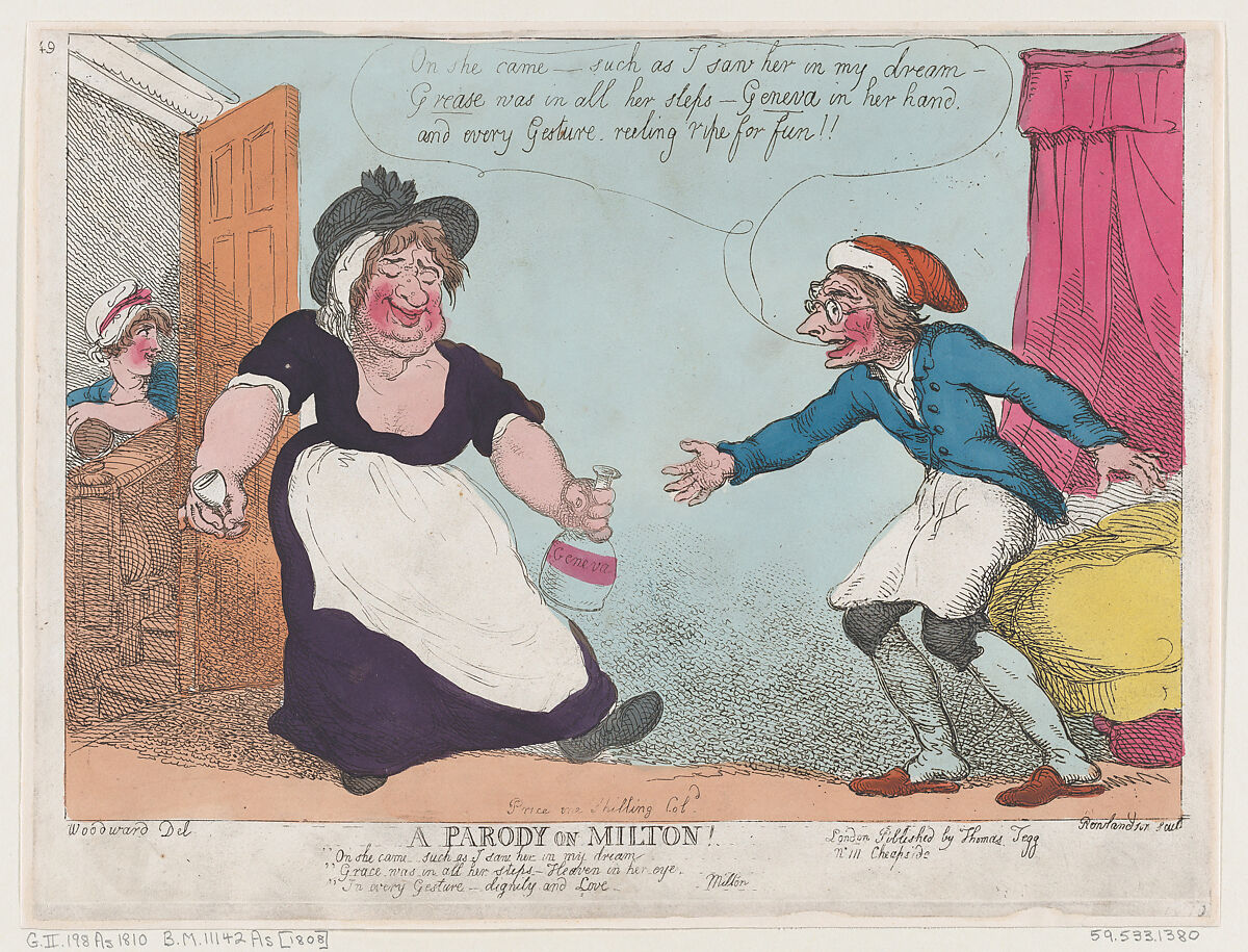 A Parody on Milton, Thomas Rowlandson (British, London 1757–1827 London), Hand-colored etching 