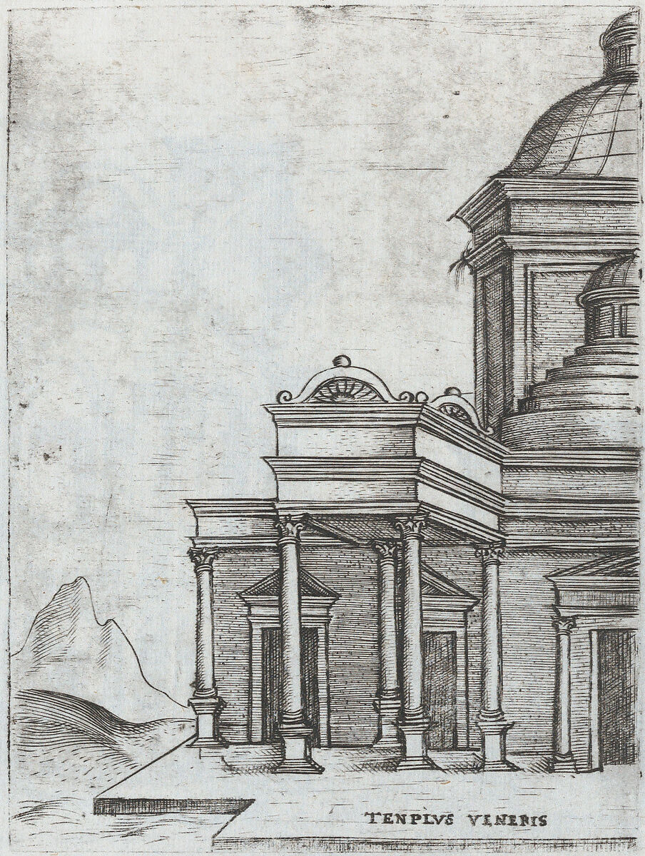 Arcus Lutii Septimii, from a Series of Prints depicting (reconstructed) Buildings from Roman Antiquity, Formerly attributed to Monogrammist G.A. &amp; the Caltrop (Italian, 1530–1540), Engraving [moved slightly during printing] 