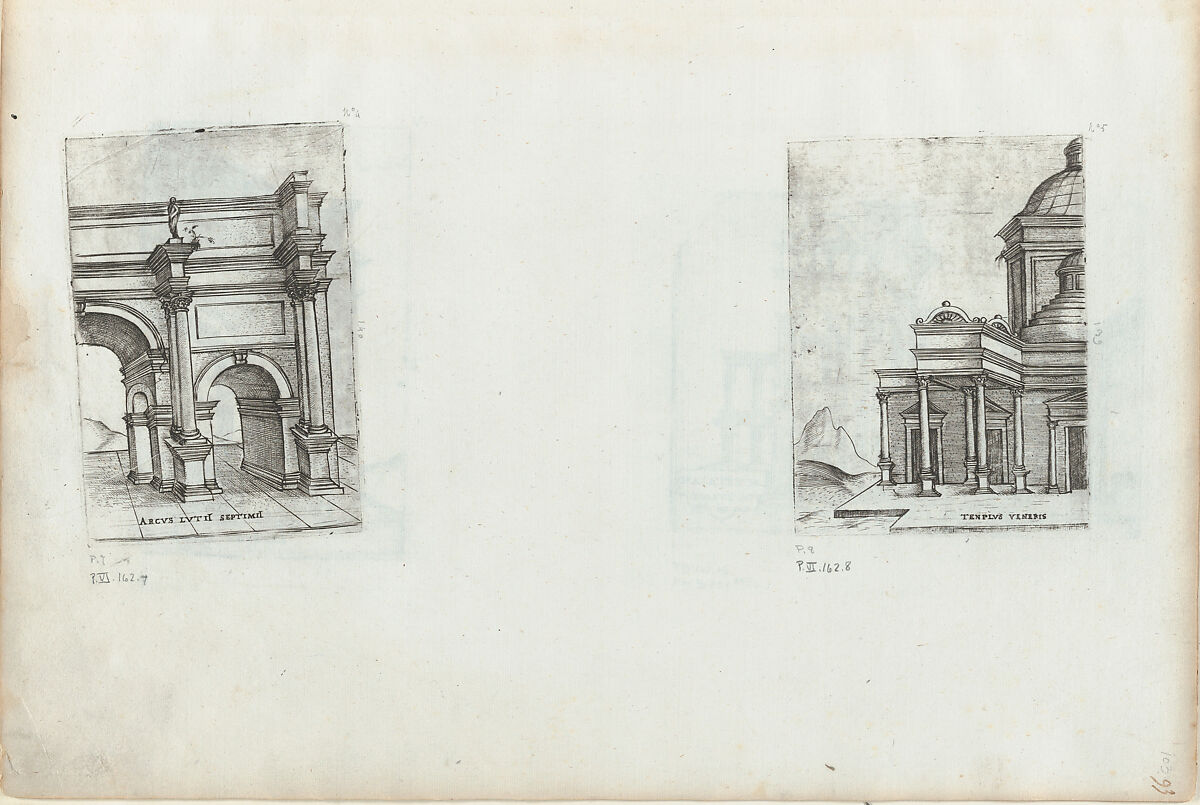 Arcus Lutii Septimii, from a Series of Prints depicting (reconstructed) Buildings from Roman Antiquity, Formerly attributed to Monogrammist G.A. with the Caltrop (Italian, 1530–1540), Engraving [moved slightly during printing]