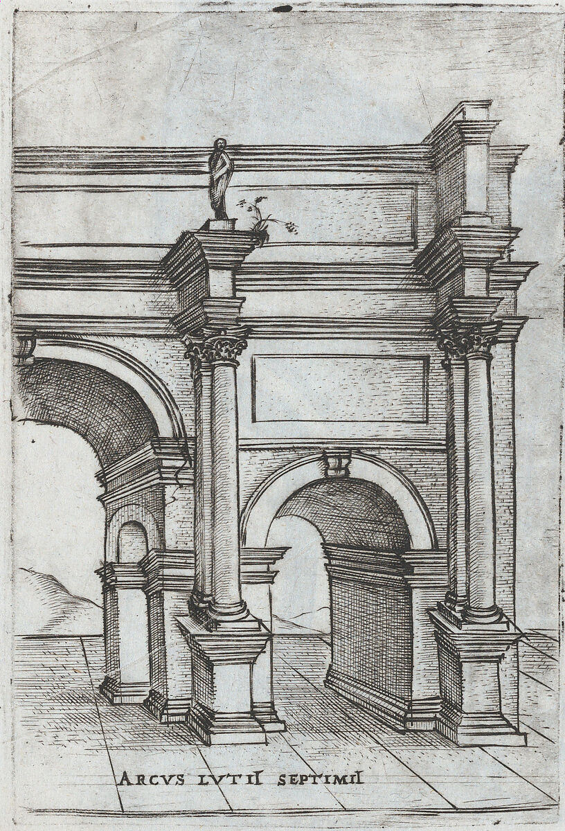 Tenplus Veneris, from a Series of Prints depicting (reconstructed) Buildings from Roman Antiquity, Formerly attributed to Monogrammist G.A. &amp; the Caltrop (Italian, 1530–1540), Engraving 