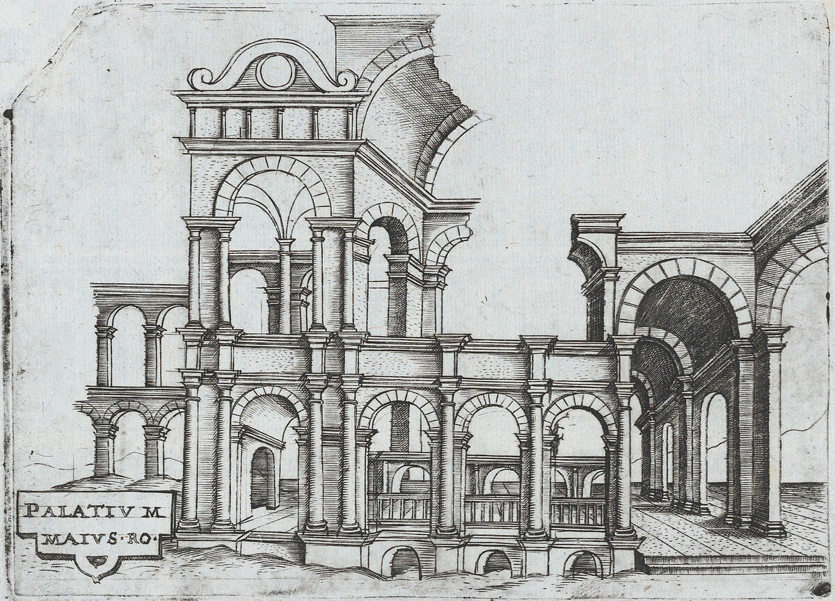 Porta Antonae, from a series of prints depicting (reconstructed) buildings from Roman Antiquity, Formerly attributed to Monogrammist G.A. &amp; the Caltrop (Italian, 1530–1540), Engraving 