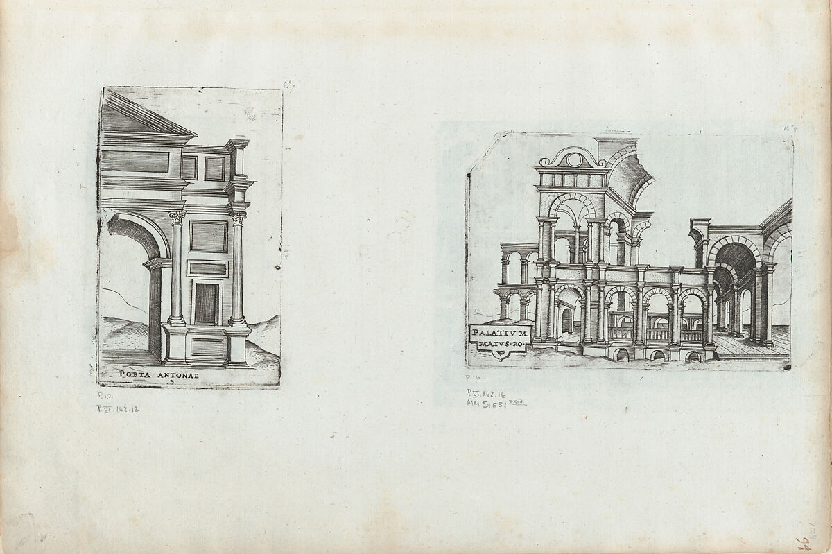 Palatium Maius Ro, from a Series of Prints depicting (reconstructed) Buildings from Roman Antiquity, Formerly attributed to Monogrammist G.A. with the Caltrop (Italian, 1530–1540), Engraving [slightly moved during printing]
