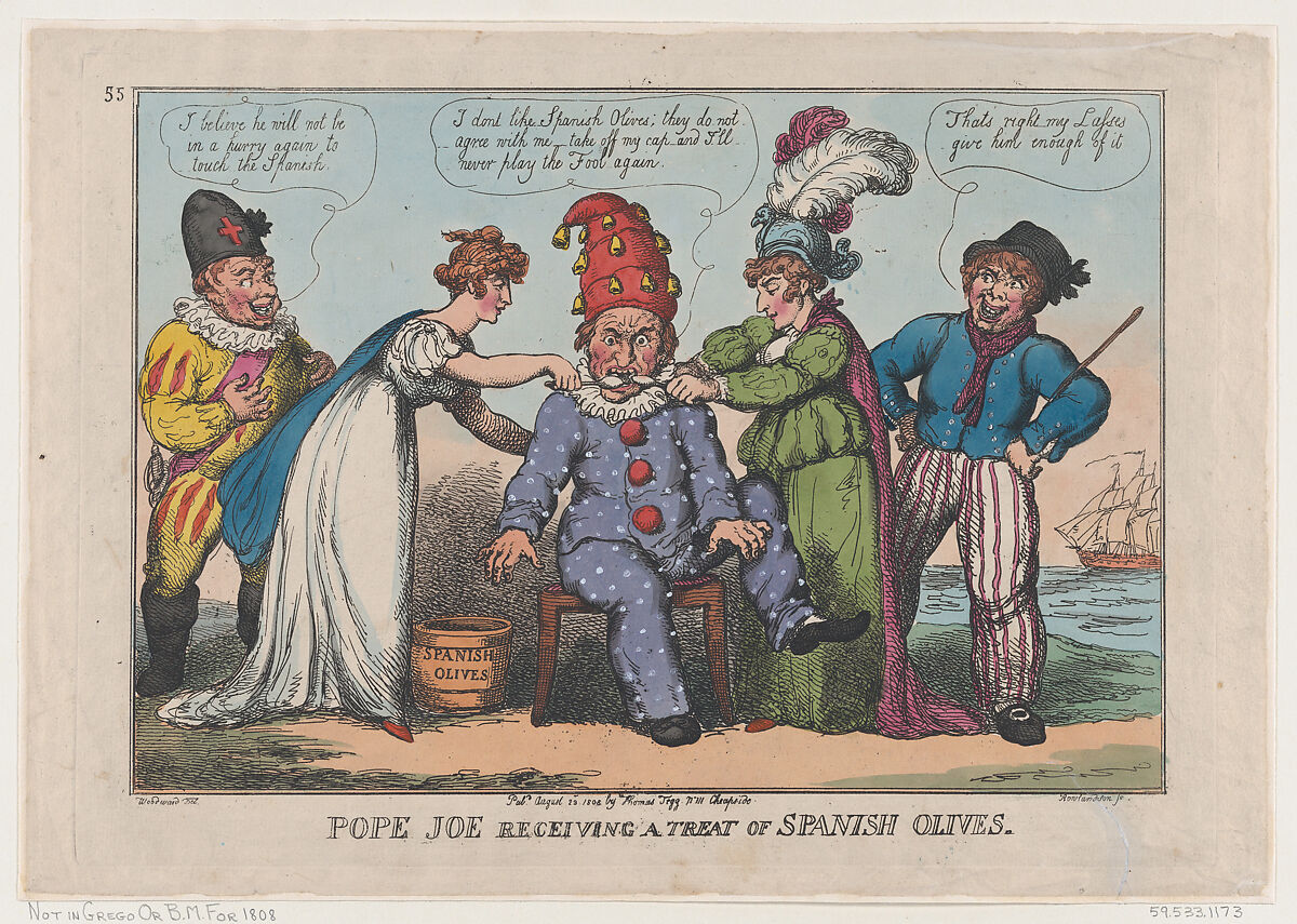 Pope Joe Receiving a Treat of Spanish Olives, Thomas Rowlandson (British, London 1757–1827 London), Hand-colored etching 