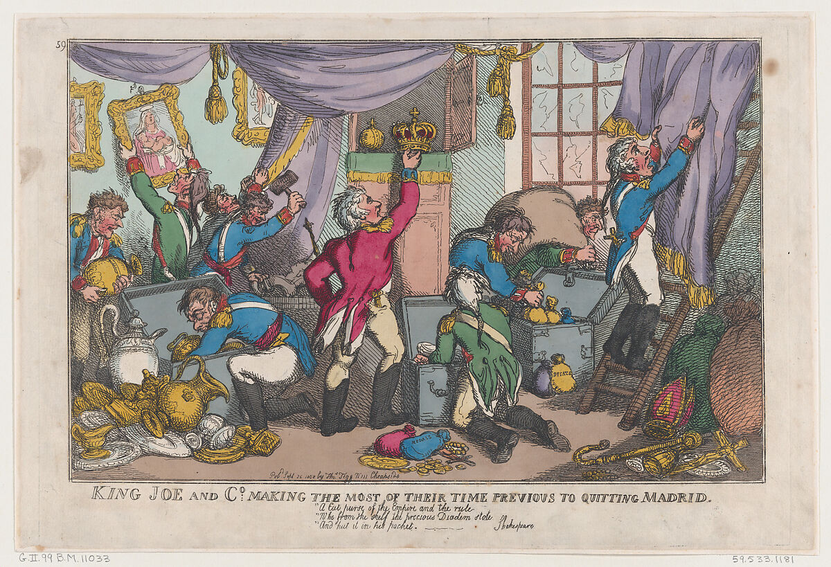 King Joe and Co. Making the Most Of Their Time Previous To Quitting Madrid, Thomas Rowlandson (British, London 1757–1827 London), Hand-colored etching 