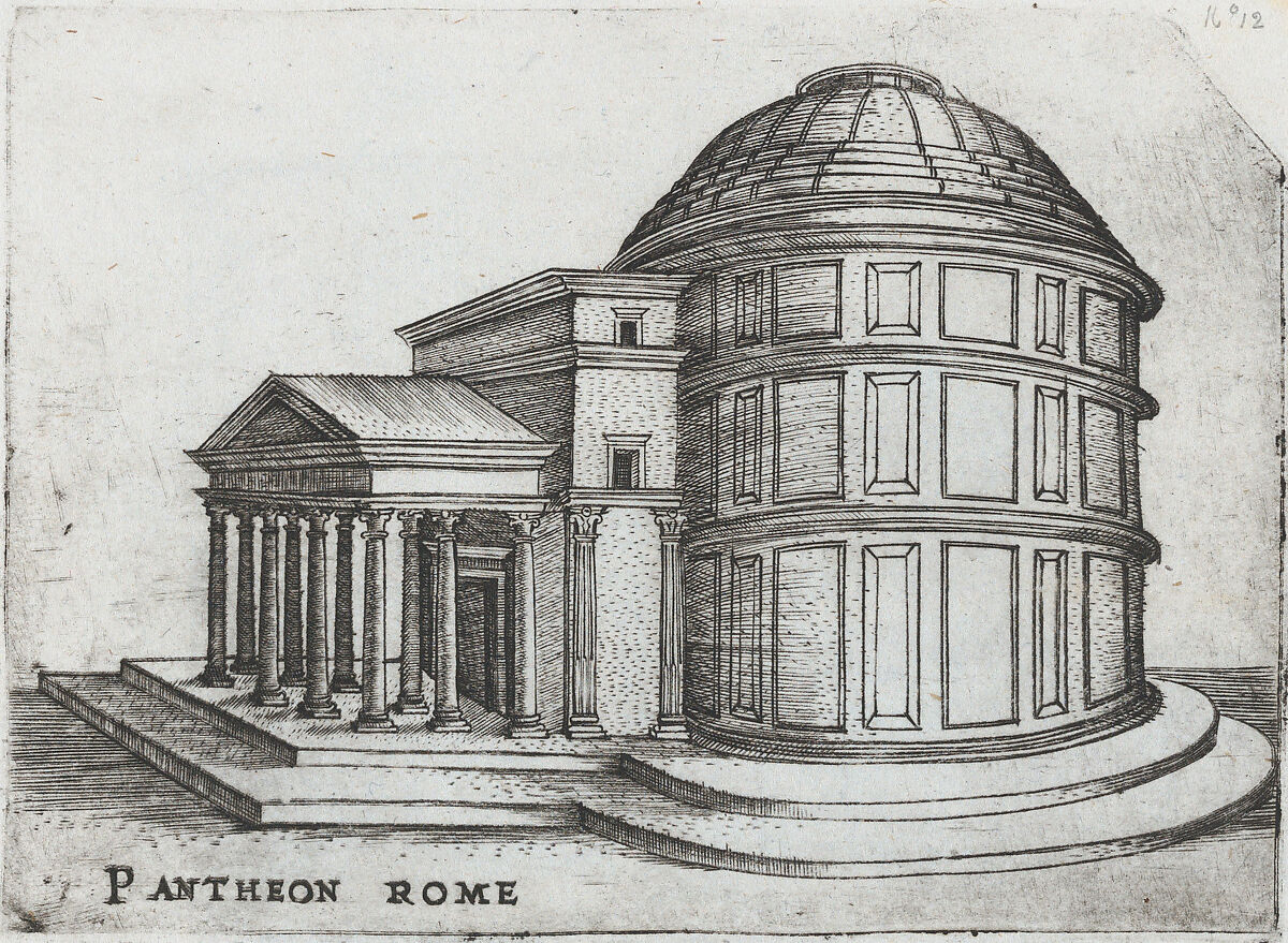 Arcus in Hispania, from a Series of Prints depicting (reconstructed) Buildings from Roman Antiquity, Formerly attributed to Monogrammist G.A. &amp; the Caltrop (Italian, 1530–1540), Engraving 