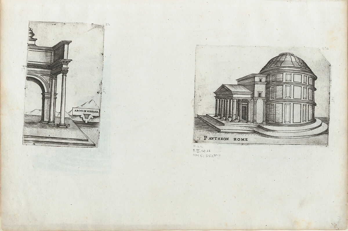 Arcus in Hispania, from a Series of Prints depicting (reconstructed) Buildings from Roman Antiquity, Formerly attributed to Monogrammist G.A. with the Caltrop (Italian, 1530–1540), Engraving