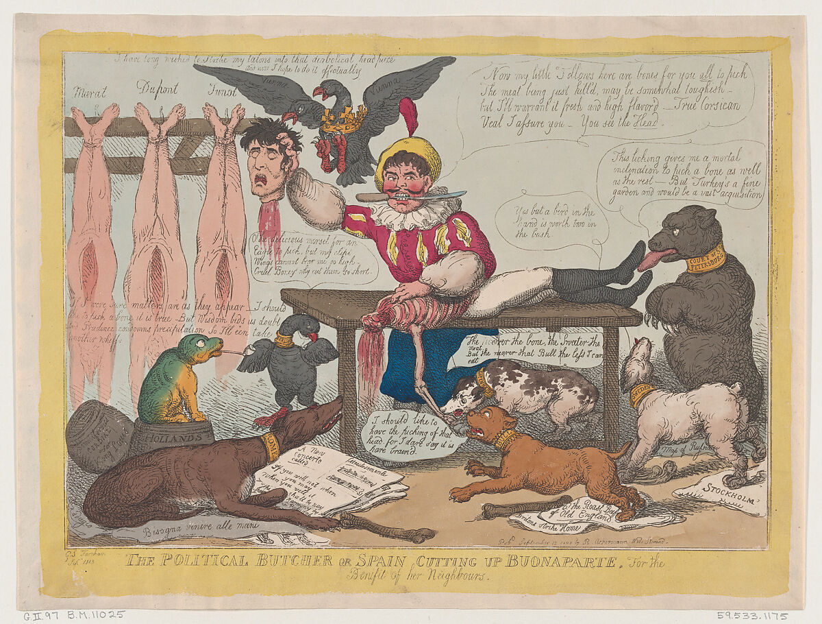 The Political Butcher, or Spain Cutting Up Buonaparte For The Benefit Of Her Neighbours, Thomas Rowlandson (British, London 1757–1827 London), Hand-colored etching 
