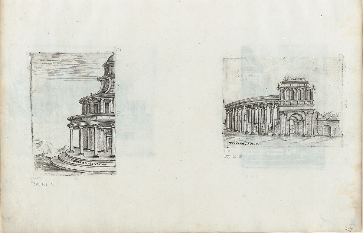 Teatrum Bordeos [Transitorium Caesaris in later editions], from a Series of Prints depicting (reconstructed) Buildings from Roman Antiquity, Formerly attributed to Monogrammist G.A. with the Caltrop (Italian, 1530–1540), Engraving