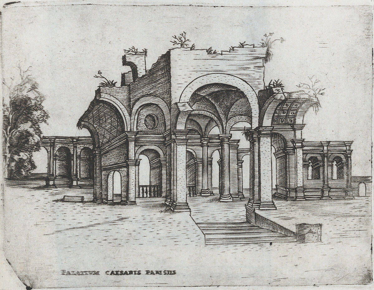 Mercurii Templum, from a Series of Prints depicting (reconstructed) Buildings from Roman Antiquity, Formerly attributed to Monogrammist G.A. &amp; the Caltrop (Italian, 1530–1540), Engraving 