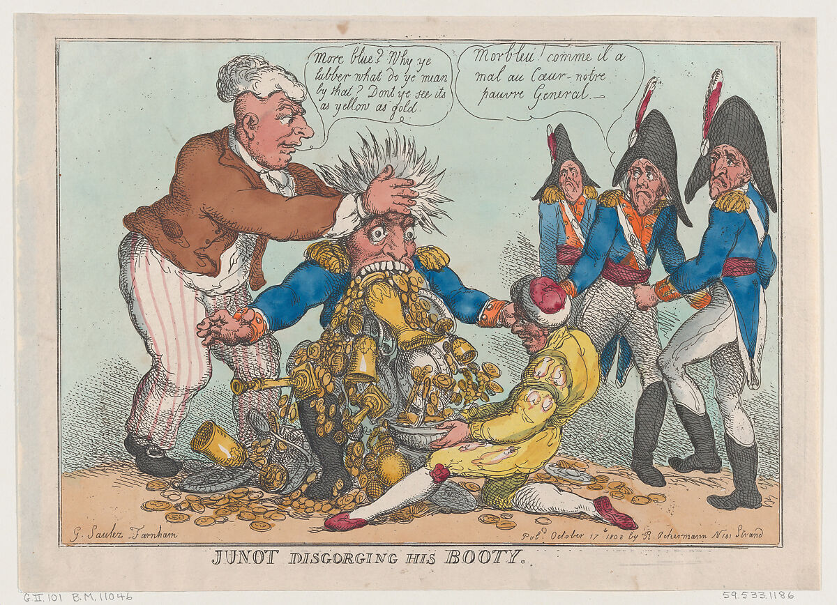 Junot Disgorging His Booty, Thomas Rowlandson (British, London 1757–1827 London), Hand-colored etching 