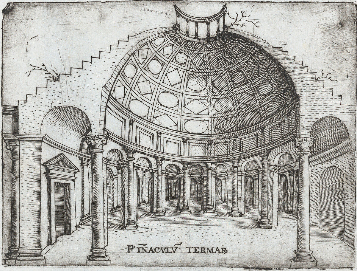 Tem. Ro. Penatibus Dicatu, from a Series of Prints depicting (reconstructed) Buildings from Roman Antiquity, Formerly attributed to Monogrammist G.A. &amp; the Caltrop (Italian, 1530–1540), Engraving [plate has very sharp edges] 