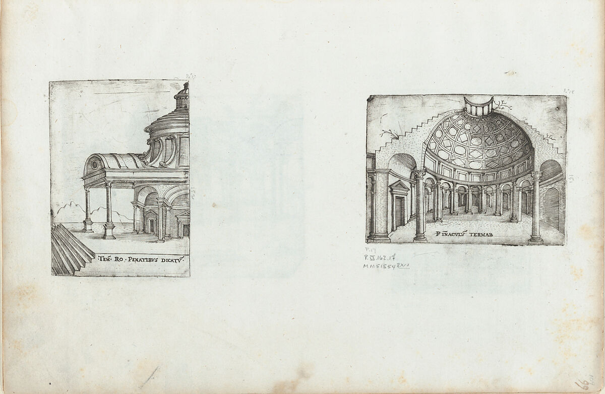 Pinaculu Termar, from a Series of Prints depicting (reconstructed) Buildings from Roman Antiquity, Formerly attributed to Monogrammist G.A. with the Caltrop (Italian, 1530–1540), Engraving [plate has very sharp edges]