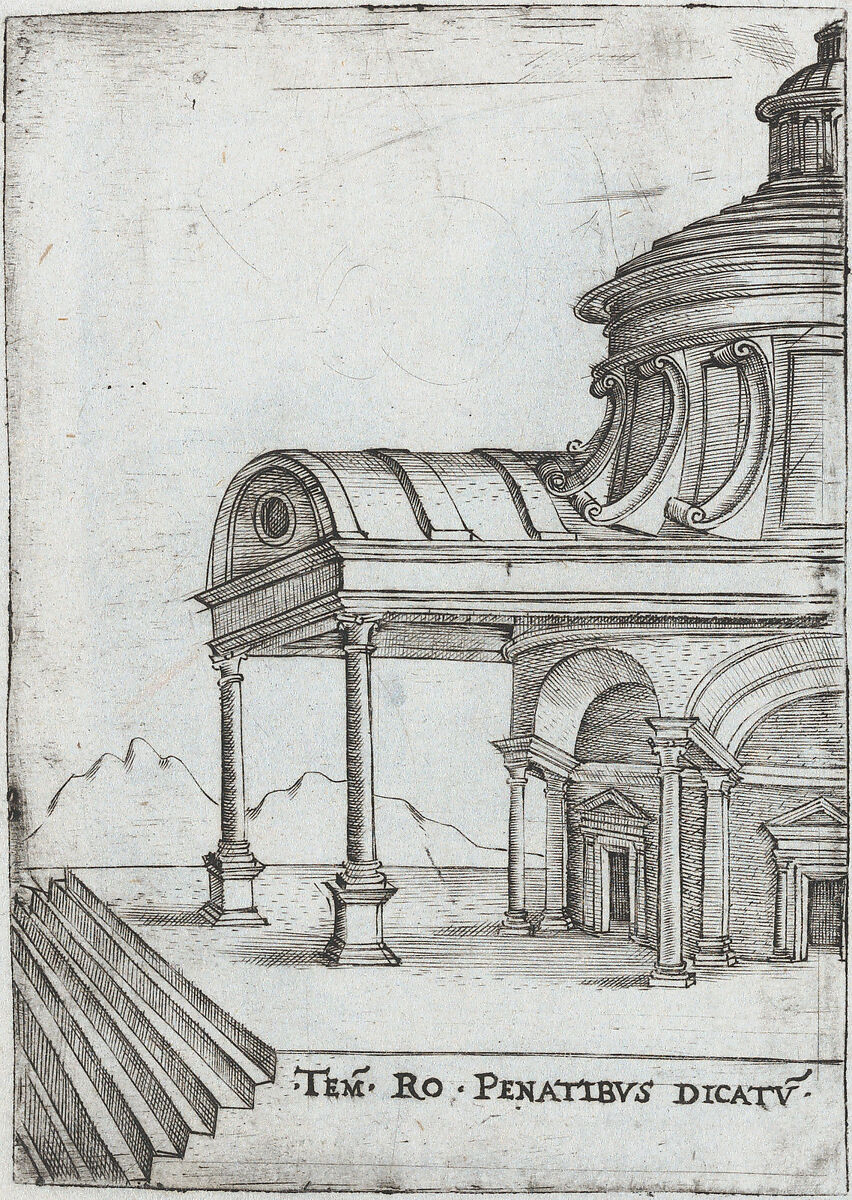 Pinaculu Termar, from a Series of Prints depicting (reconstructed) Buildings from Roman Antiquity, Formerly attributed to Monogrammist G.A. &amp; the Caltrop (Italian, 1530–1540), Engraving [plate has very sharp edges] 
