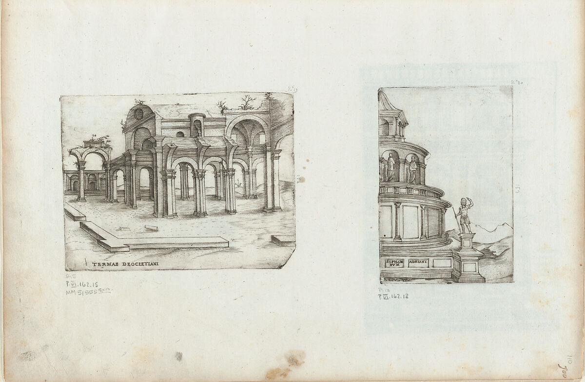 Sepulchrum Adriani, from a Series of Prints depicting (reconstructed) Buildings from Roman Antiquity, Formerly attributed to Monogrammist G.A. with the Caltrop (Italian, 1530–1540), Engraving