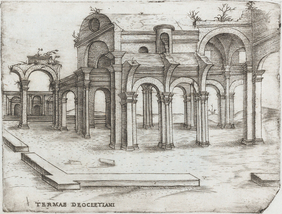 Sepulchrum Adriani, from a Series of Prints depicting (reconstructed) Buildings from Roman Antiquity, Formerly attributed to Monogrammist G.A. &amp; the Caltrop (Italian, 1530–1540), Engraving 