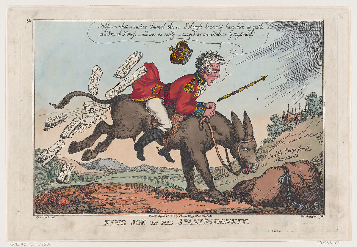 King Joe on his Spanish Donkey, Thomas Rowlandson (British, London 1757–1827 London), Hand-colored etching 