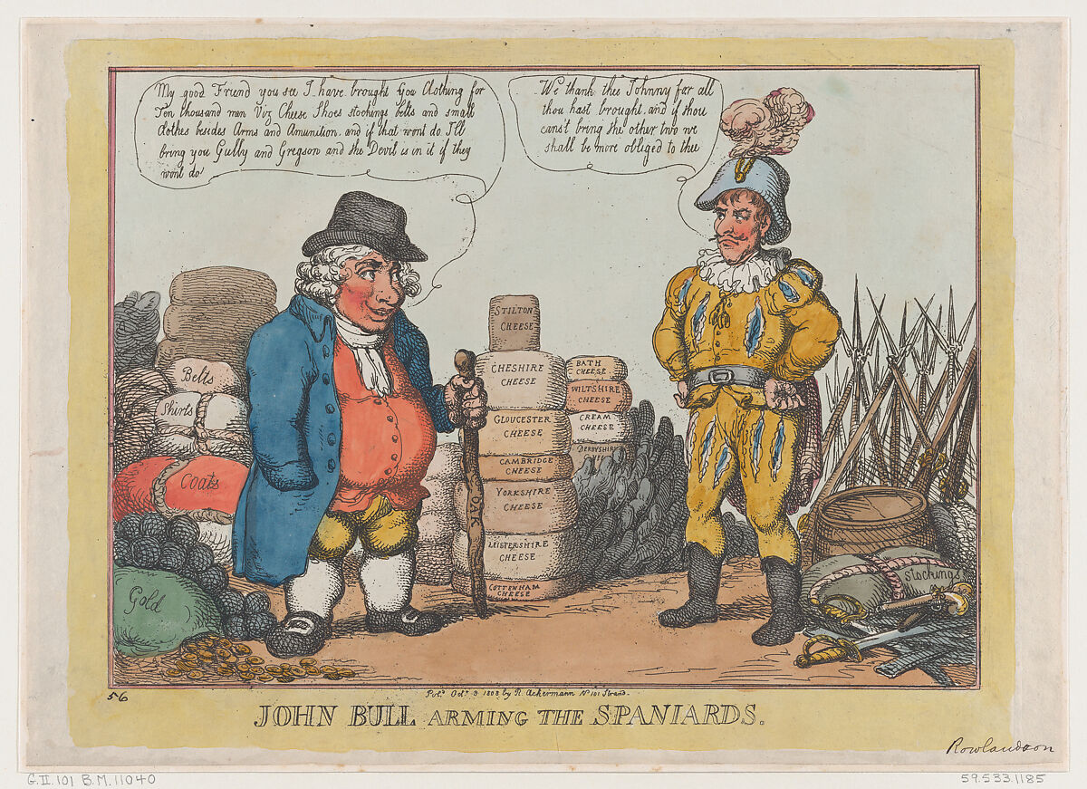 John Bull Arming The Spaniards, Thomas Rowlandson (British, London 1757–1827 London), Hand-colored etching 