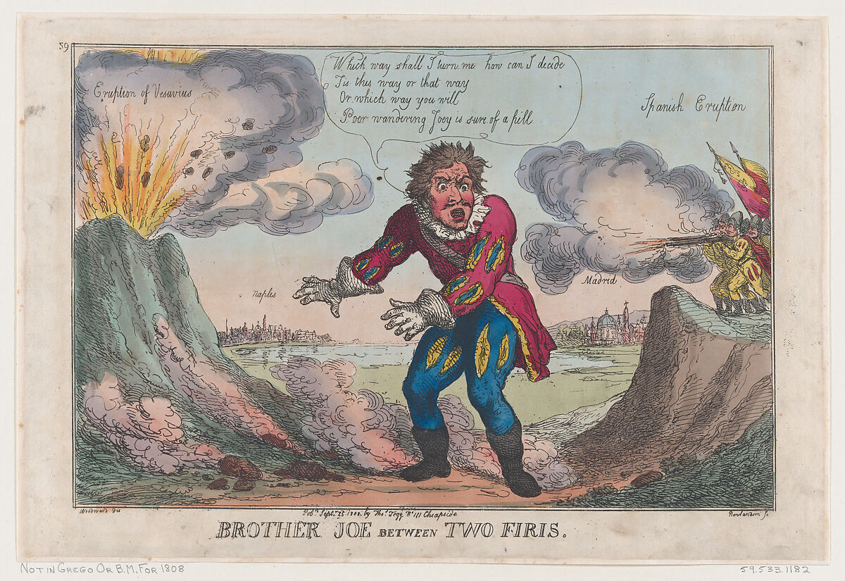 Brother Joe Between Two Firis, Thomas Rowlandson (British, London 1757–1827 London), Hand-colored etching 