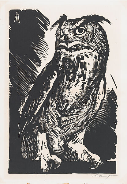 The Owl, R. Micailus (Russian, 20th century), Woodcut 