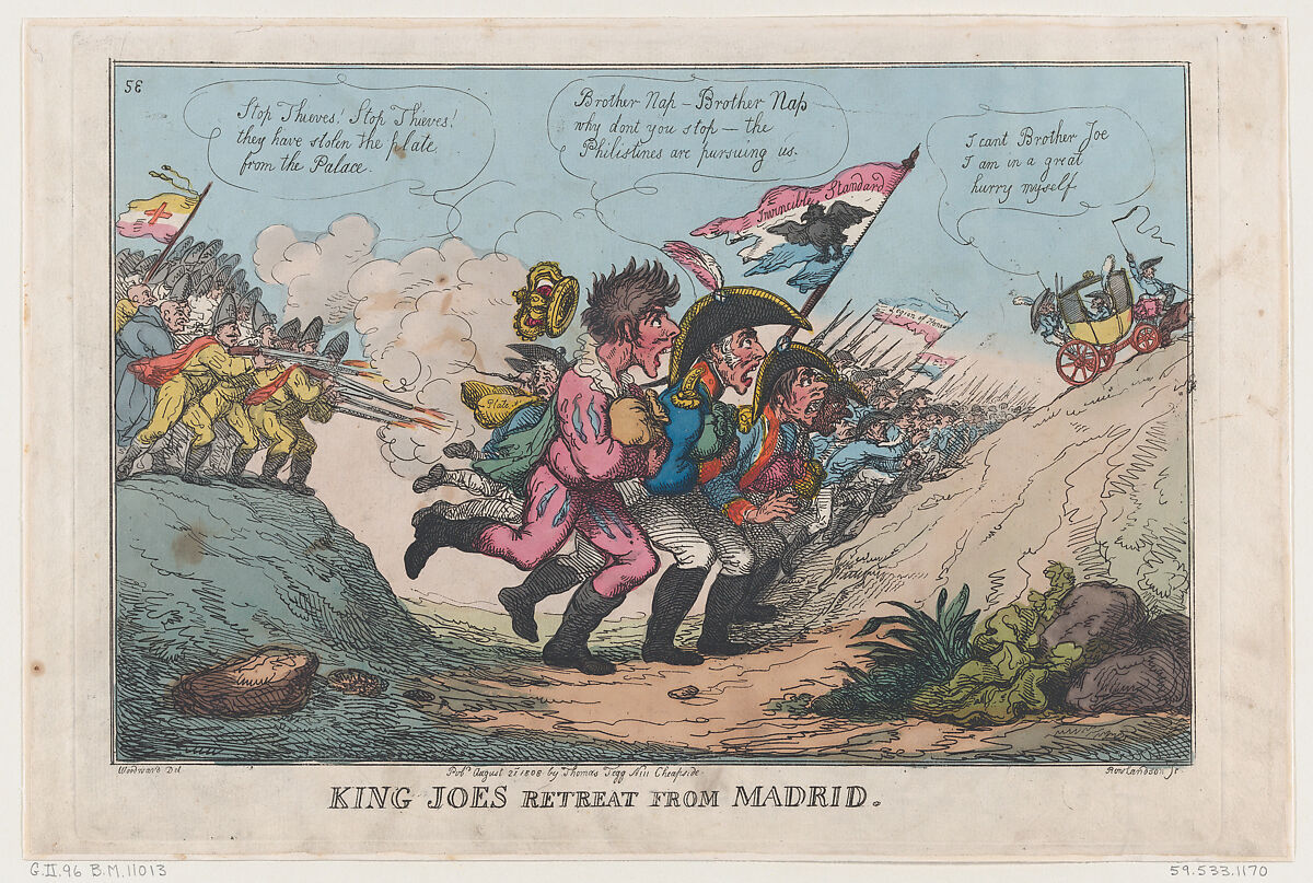 King Joe's Retreat From Madrid, Thomas Rowlandson (British, London 1757–1827 London), Hand-colored etching 