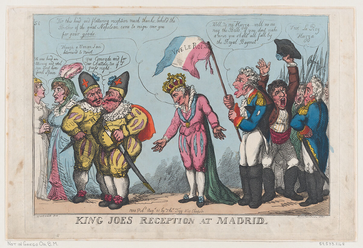 King Joe's Reception at Madrid, Thomas Rowlandson (British, London 1757–1827 London), Hand-colored etching 