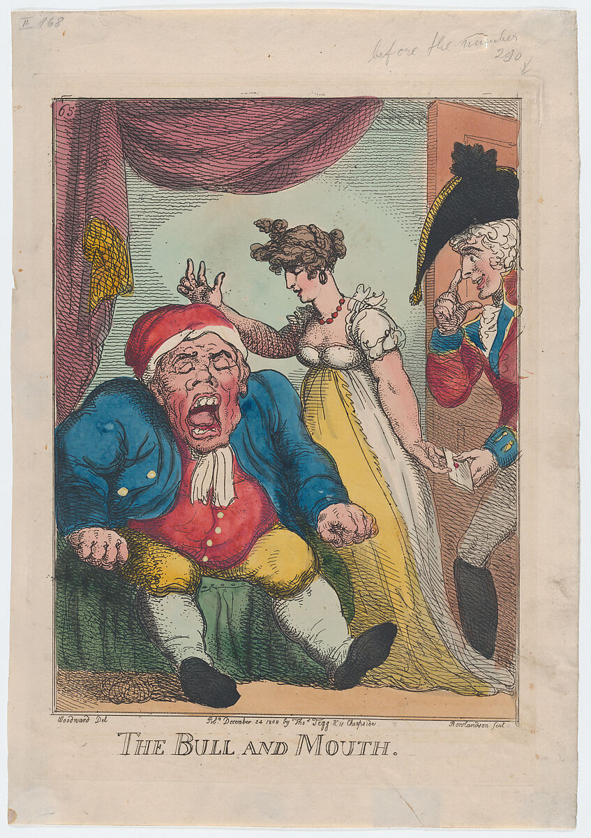 The Bull and Mouth, Thomas Rowlandson (British, London 1757–1827 London), Hand-colored etching 