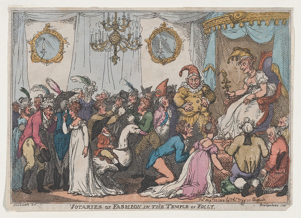Votaries of Fashion in the Temple of Folly, Thomas Rowlandson (British, London 1757–1827 London), Hand-colored etching 