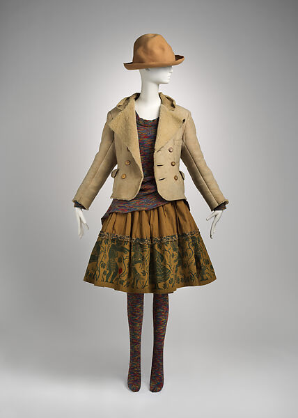 Ensemble, Vivienne Westwood (British, 1941–2022), (a) wool, (b) leather, horn, mother-of-pearl, wood, (c) wool, (d) cotton, wool, (e, f) wool, (g, h) leather, metal, British 